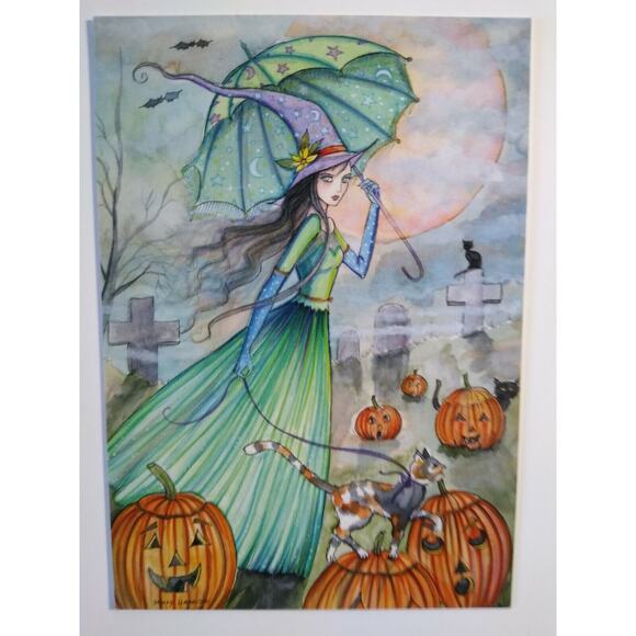 Halloween Postcard Molly Harrison Green Dress Witch Cat Fantasy 2005 Ltd. To 33 - Picture 4 of 4
